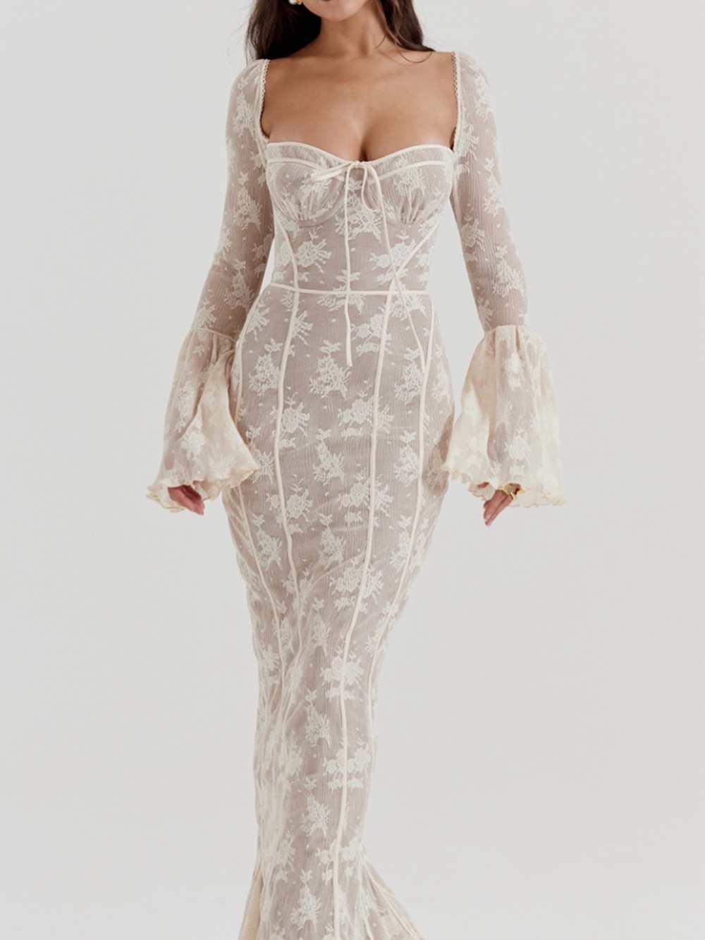 House of CB Cream Lace Long Sleeve Fitted Gown